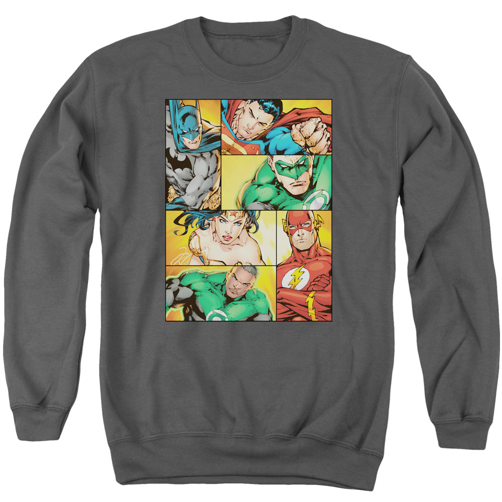 AN OFFCIALLY LICENSED JLA HERO BOXES ADULT UNISEX CREWNECK SWEATSHIRT CHARCOAL