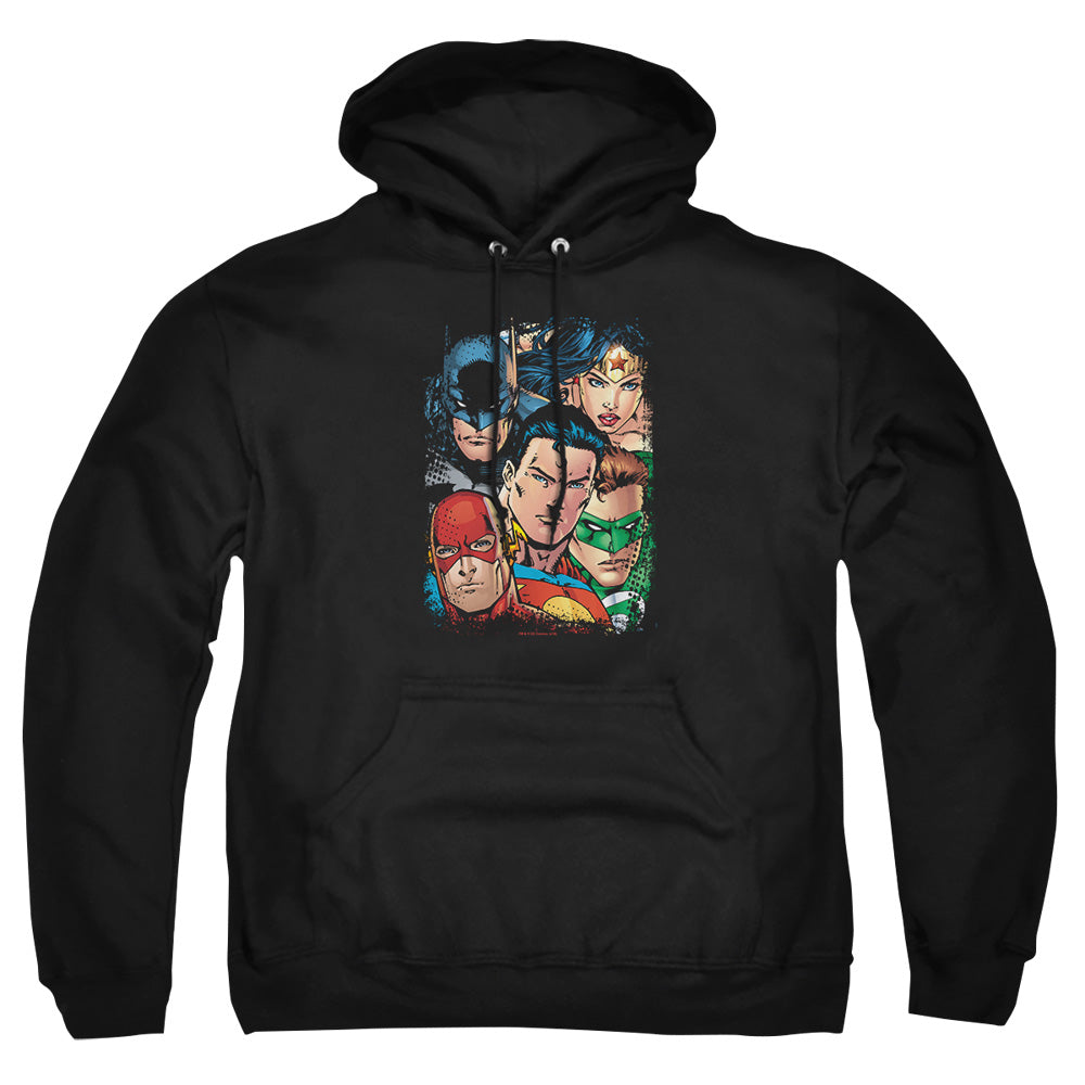 AN OFFCIALLY LICENSED JLA UP CLOSE AND PERSONAL ADULT UNISEX PULLOVER HOODIE BLACK