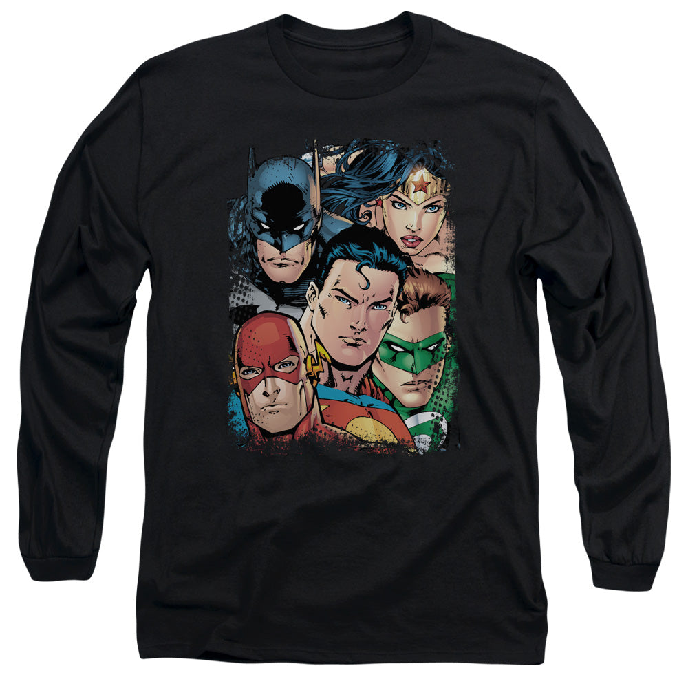 AN OFFCIALLY LICENSED JLA UP CLOSE AND PERSONAL MEN'S LONG SLEEVE T-SHIRT BLACK