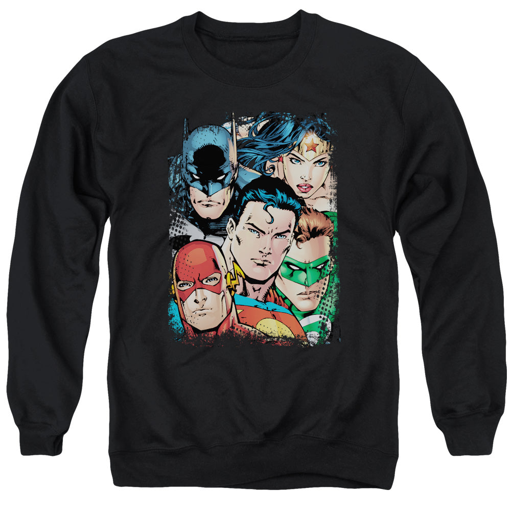 AN OFFCIALLY LICENSED JLA UP CLOSE AND PERSONAL ADULT UNISEX CREWNECK SWEATSHIRT BLACK