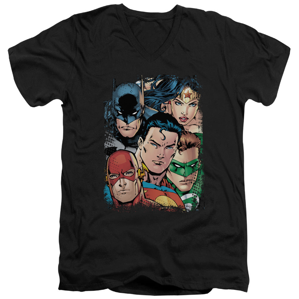 AN OFFCIALLY LICENSED JLA UP CLOSE AND PERSONAL MEN'S V-NECK T-SHIRT BLACK