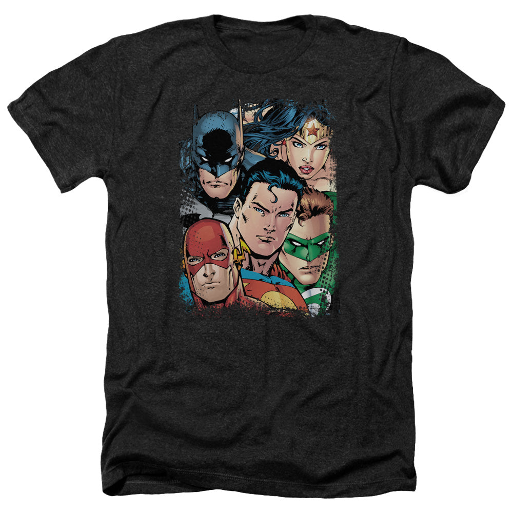 AN OFFCIALLY LICENSED JLA UP CLOSE AND PERSONAL MEN'S HEATHER T-SHIRT CHARCOAL