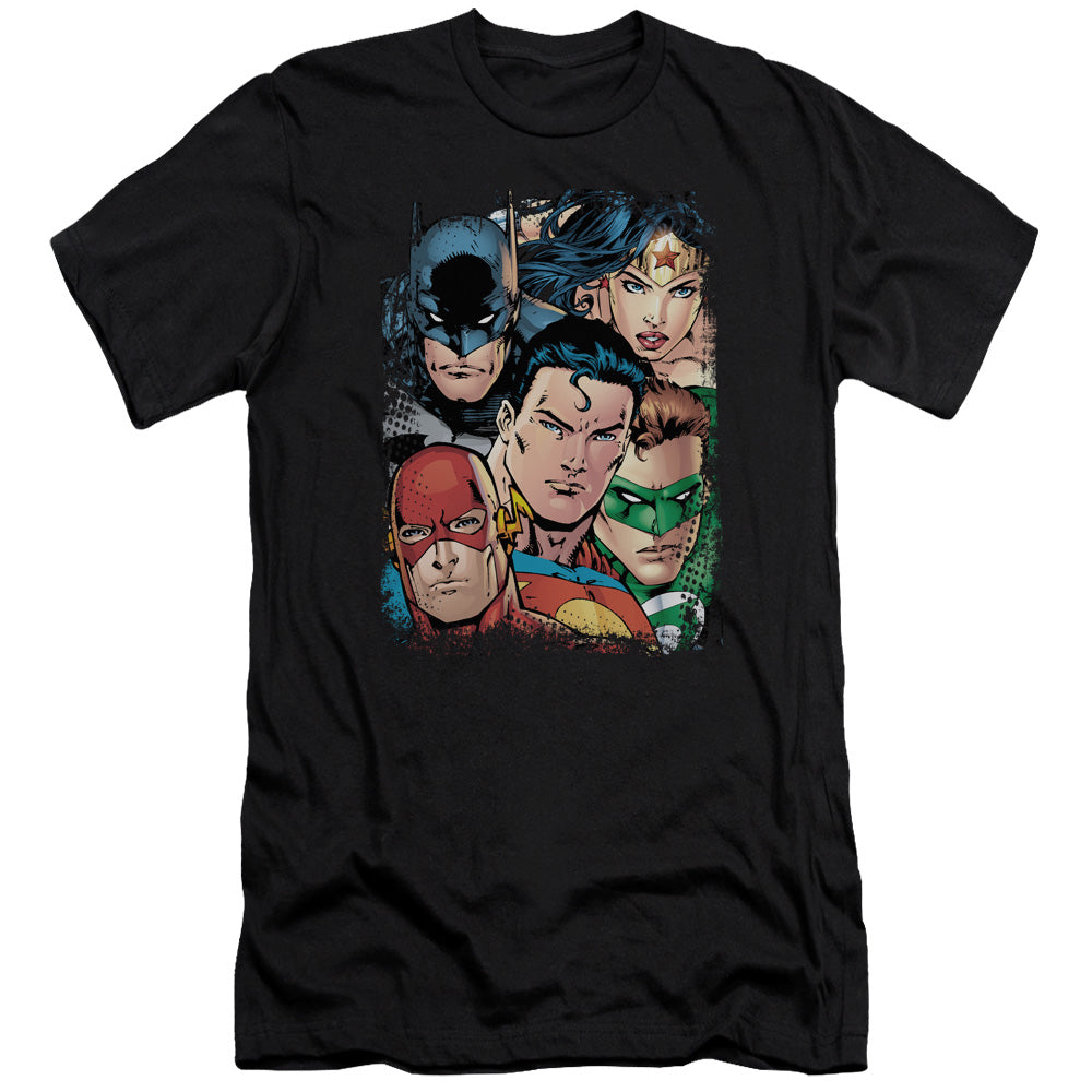 AN OFFCIALLY LICENSED JLA UP CLOSE AND PERSONAL MEN'S PREMIUM SLIM FIT T-SHIRT BLACK