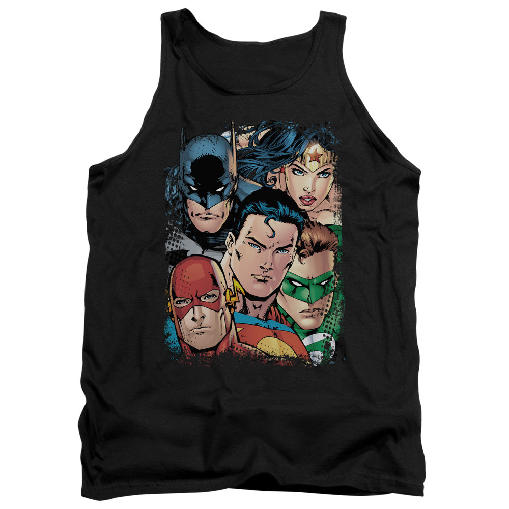 AN OFFCIALLY LICENSED JLA UP CLOSE AND PERSONAL ADULT UNISEX TANK TOP BLACK