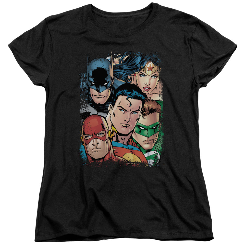 AN OFFCIALLY LICENSED JLA UP CLOSE AND PERSONAL WOMEN'S REGULAR FIT T-SHIRT BLACK