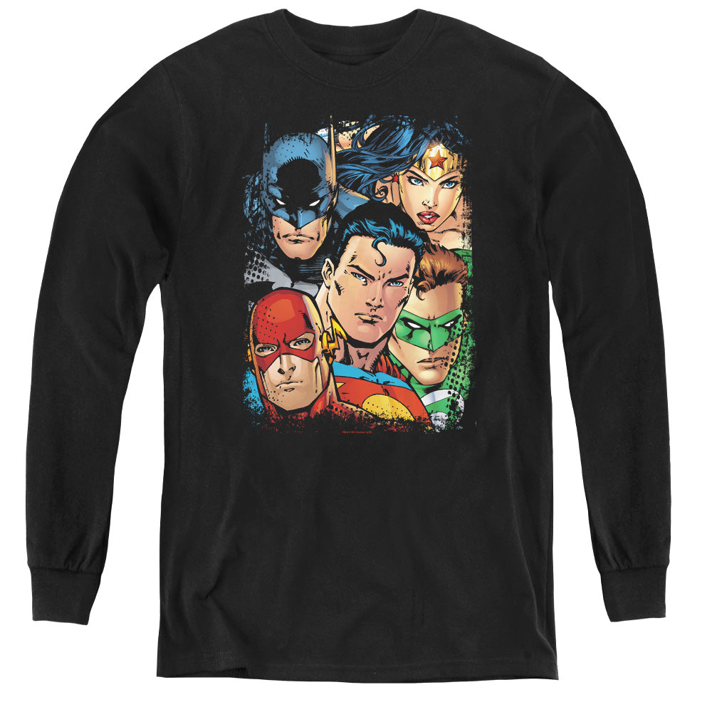 AN OFFCIALLY LICENSED JLA UP CLOSE AND PERSONAL YOUTH LONG SLEEVE T-SHIRT BLACK