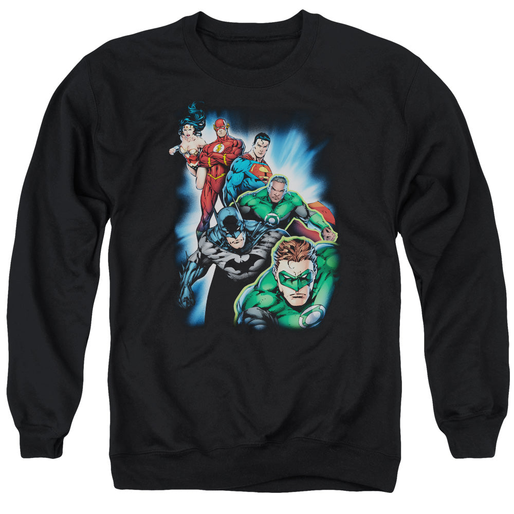 AN OFFCIALLY LICENSED JLA HEROES UNITE ADULT UNISEX CREWNECK SWEATSHIRT BLACK