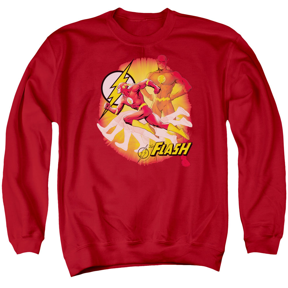 AN OFFCIALLY LICENSED JLA LIGHTNING FAST ADULT UNISEX CREWNECK SWEATSHIRT RED
