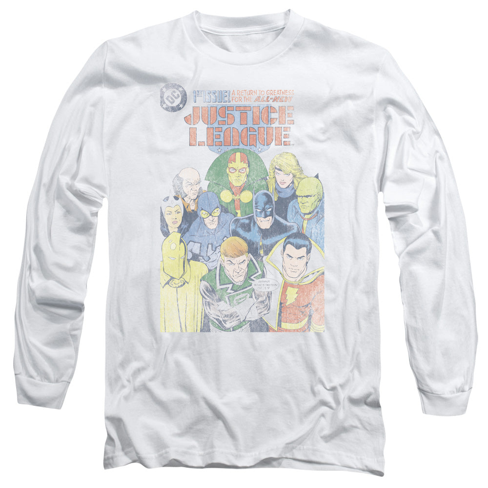 AN OFFCIALLY LICENSED JLA JUSTICE LEAGUE #1 COVER MEN'S LONG SLEEVE T-SHIRT WHITE