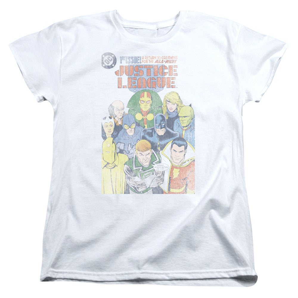 AN OFFCIALLY LICENSED JLA JUSTICE LEAGUE #1 COVER WOMEN'S REGULAR FIT T-SHIRT WHITE