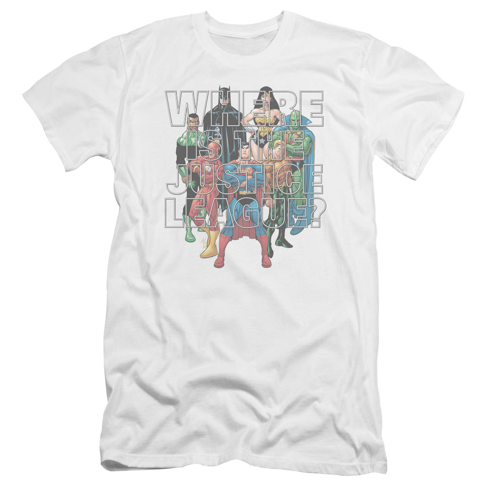 AN OFFCIALLY LICENSED JLA CLASSIFIED #1 COVER MEN'S PREMIUM SLIM FIT T-SHIRT WHITE