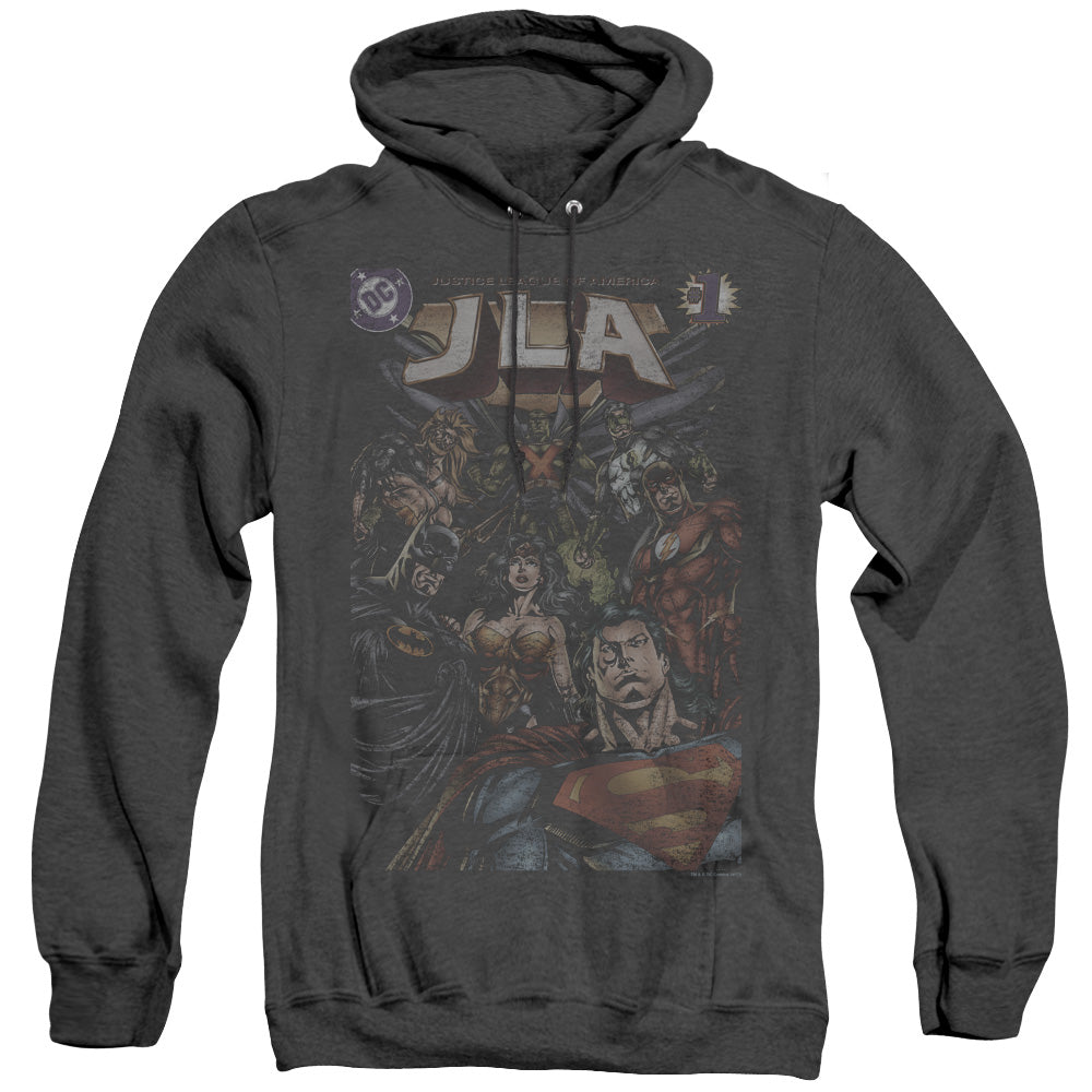 AN OFFCIALLY LICENSED JLA #1 COVER ADULT UNISEX HEATHER PULLOVER HOODIE BLACK