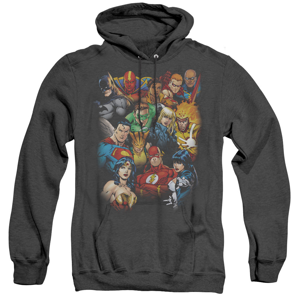 AN OFFCIALLY LICENSED JLA THE LEAGUES ALL HERE ADULT UNISEX HEATHER PULLOVER HOODIE BLACK