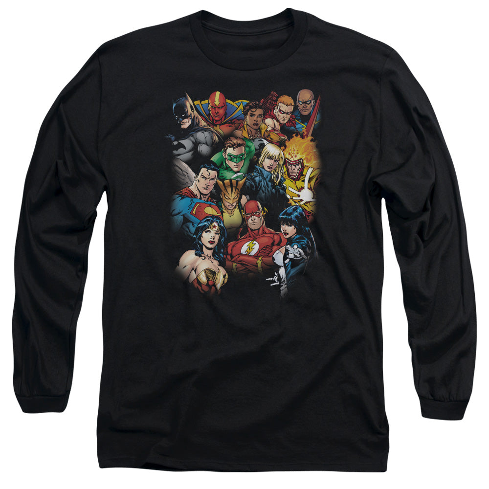 AN OFFCIALLY LICENSED JLA THE LEAGUES ALL HERE MEN'S LONG SLEEVE T-SHIRT BLACK