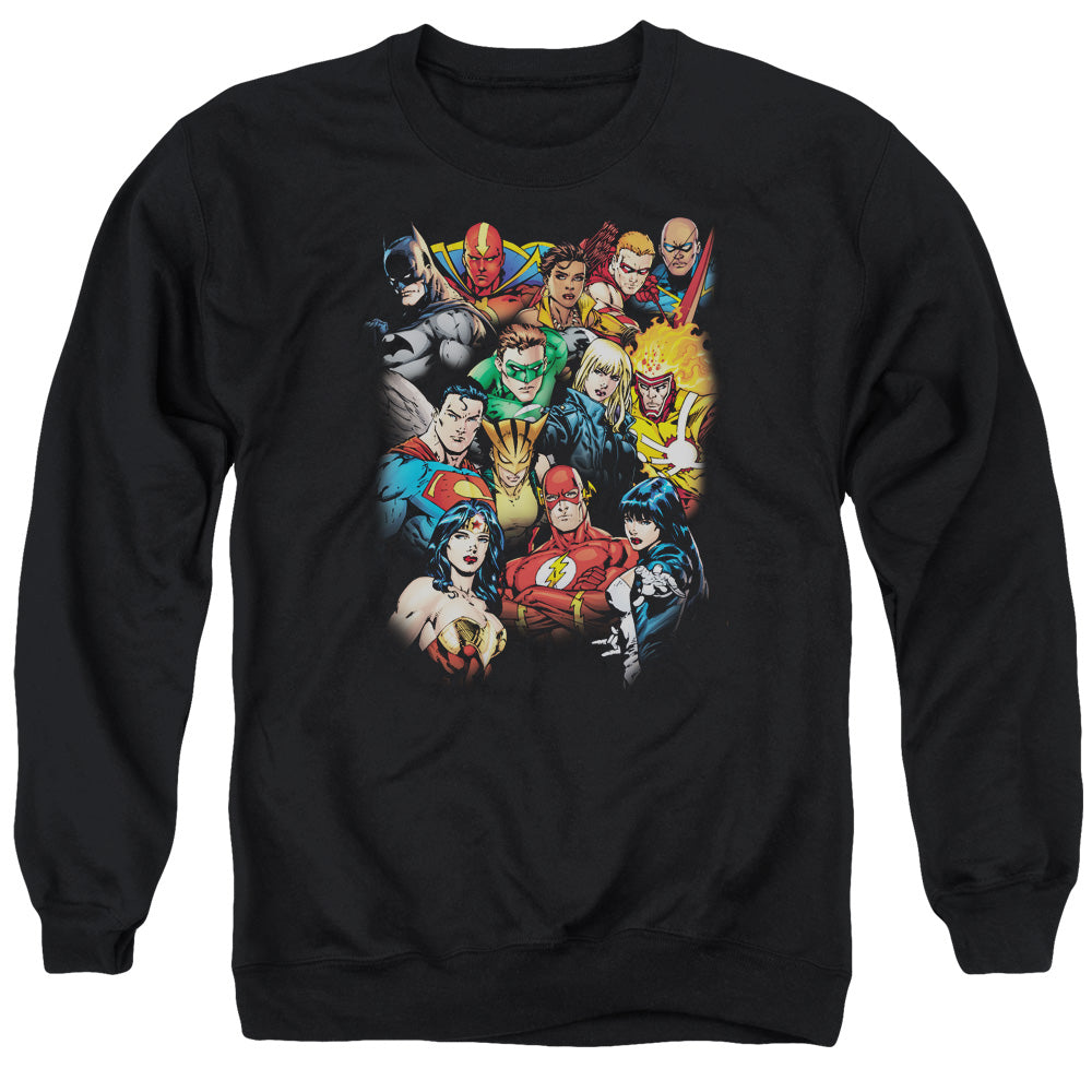 AN OFFCIALLY LICENSED JLA THE LEAGUES ALL HERE ADULT UNISEX CREWNECK SWEATSHIRT BLACK