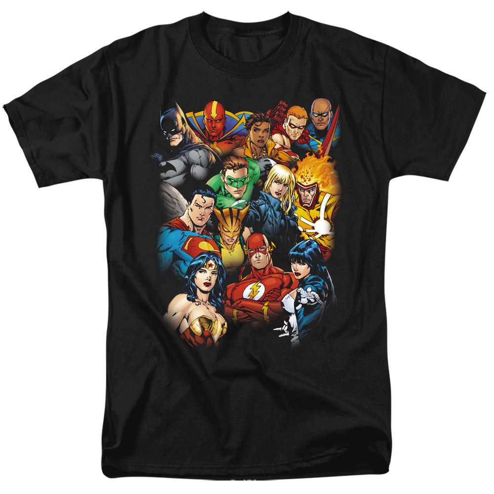 AN OFFCIALLY LICENSED JLA THE LEAGUES ALL HERE MEN'S REGULAR FIT T-SHIRT BLACK