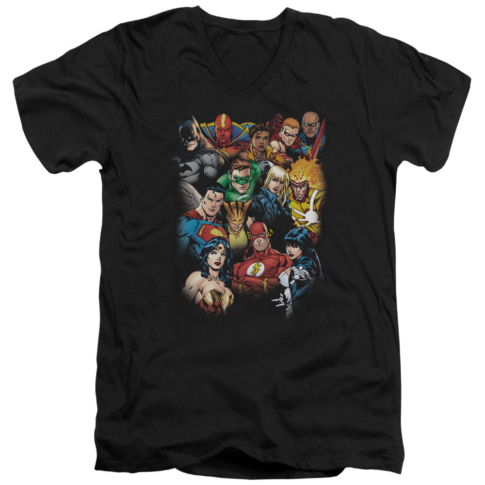 AN OFFCIALLY LICENSED JLA THE LEAGUES ALL HERE MEN'S V-NECK T-SHIRT BLACK