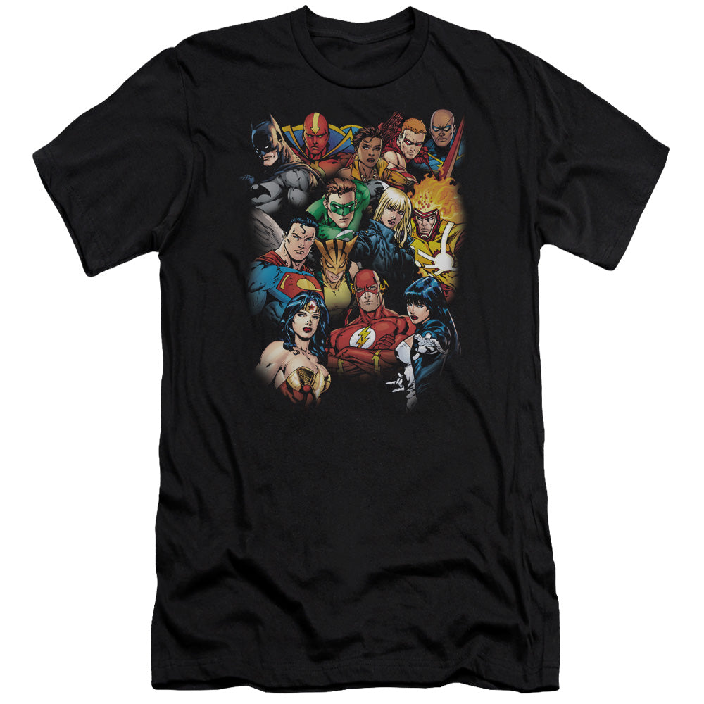 AN OFFCIALLY LICENSED JLA THE LEAGUES ALL HERE MEN'S PREMIUM SLIM FIT T-SHIRT BLACK