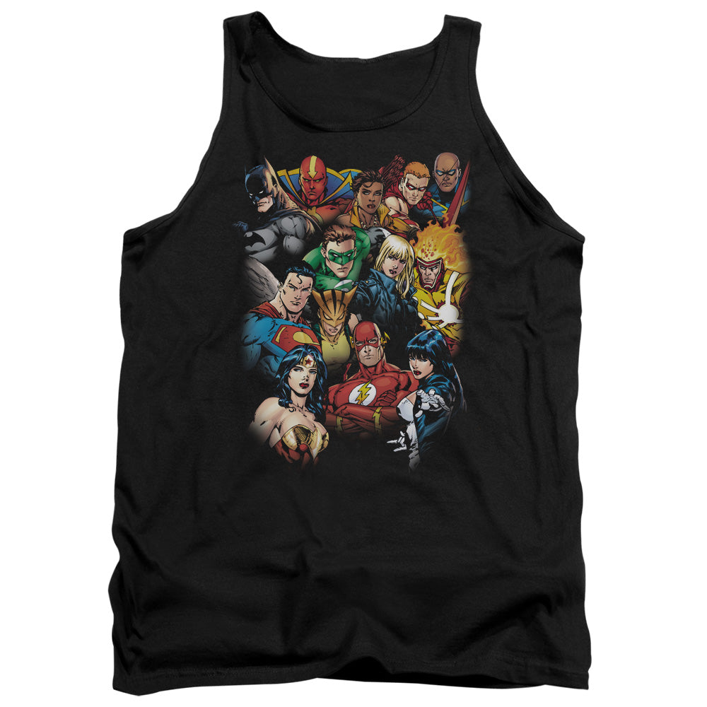 AN OFFCIALLY LICENSED JLA THE LEAGUES ALL HERE ADULT UNISEX TANK TOP BLACK