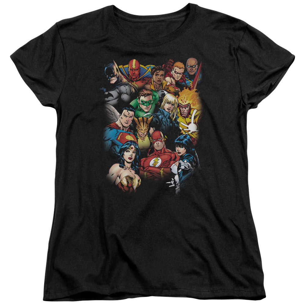 AN OFFCIALLY LICENSED JLA THE LEAGUES ALL HERE WOMEN'S REGULAR FIT T-SHIRT BLACK