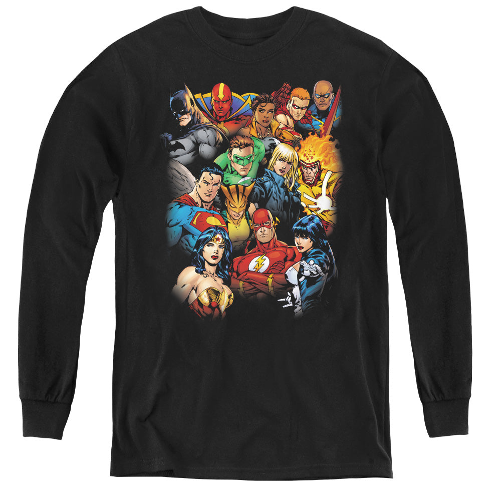 AN OFFCIALLY LICENSED JLA THE LEAGUES ALL HERE YOUTH LONG SLEEVE T-SHIRT BLACK