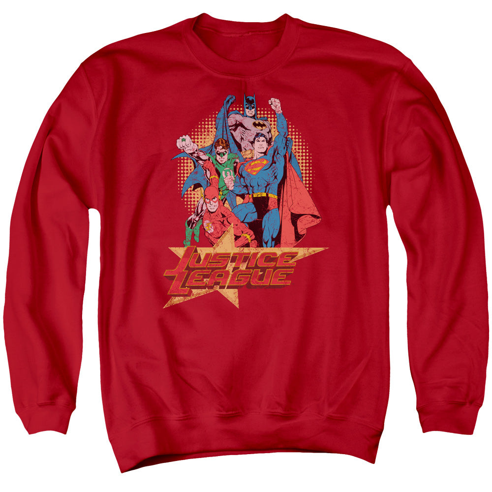AN OFFCIALLY LICENSED JLA RAISE YOUR FIST ADULT UNISEX CREWNECK SWEATSHIRT RED