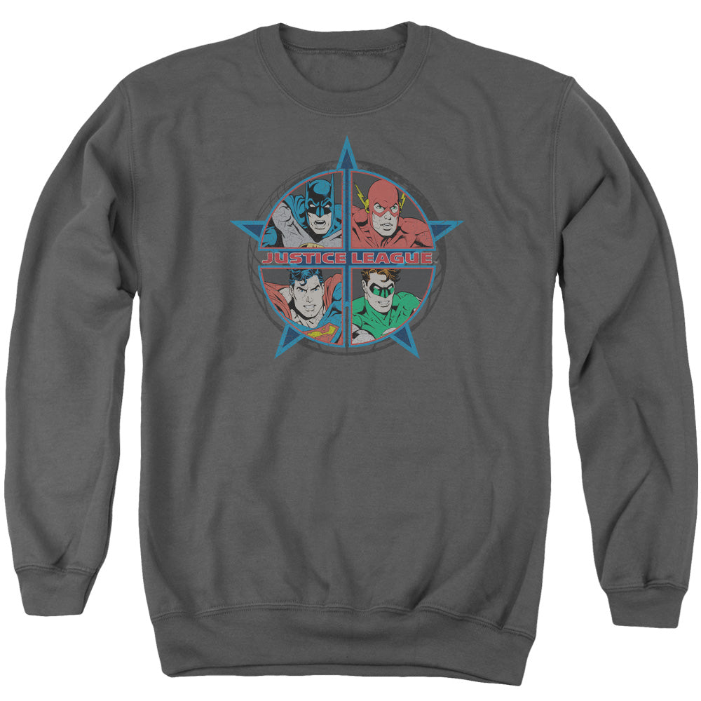 AN OFFCIALLY LICENSED JLA FOUR HEROES ADULT UNISEX CREWNECK SWEATSHIRT CHARCOAL