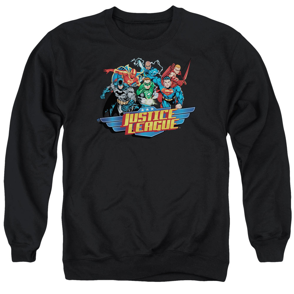 AN OFFCIALLY LICENSED JLA READY TO FIGHT ADULT UNISEX CREWNECK SWEATSHIRT BLACK