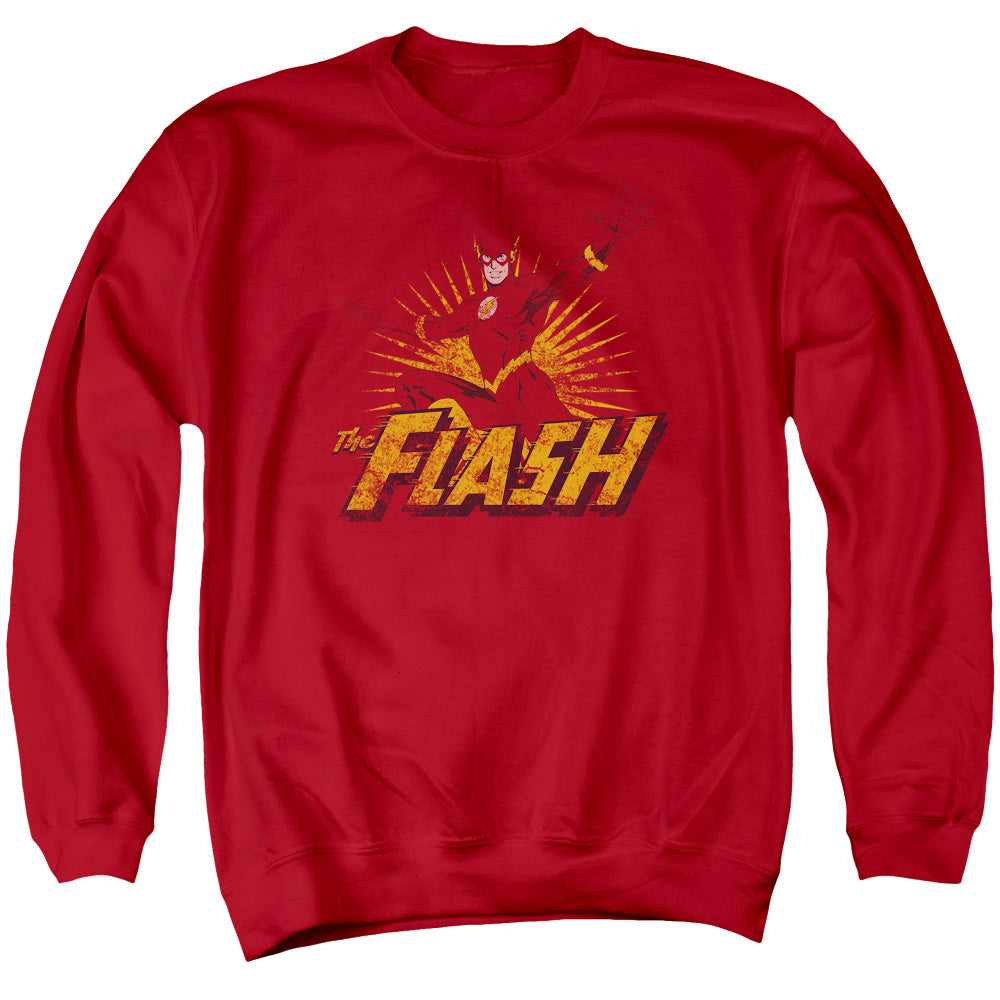 AN OFFCIALLY LICENSED JLA FLASH ROUGH DISTRESS ADULT UNISEX CREWNECK SWEATSHIRT RED