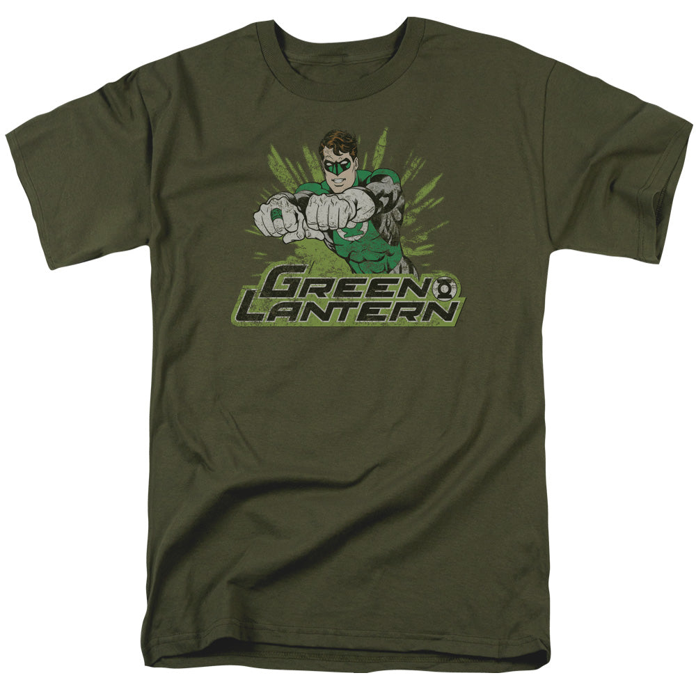 AN OFFCIALLY LICENSED JLA GL ROUGH DISTRESS MEN'S REGULAR FIT T-SHIRT MILITARY GREEN