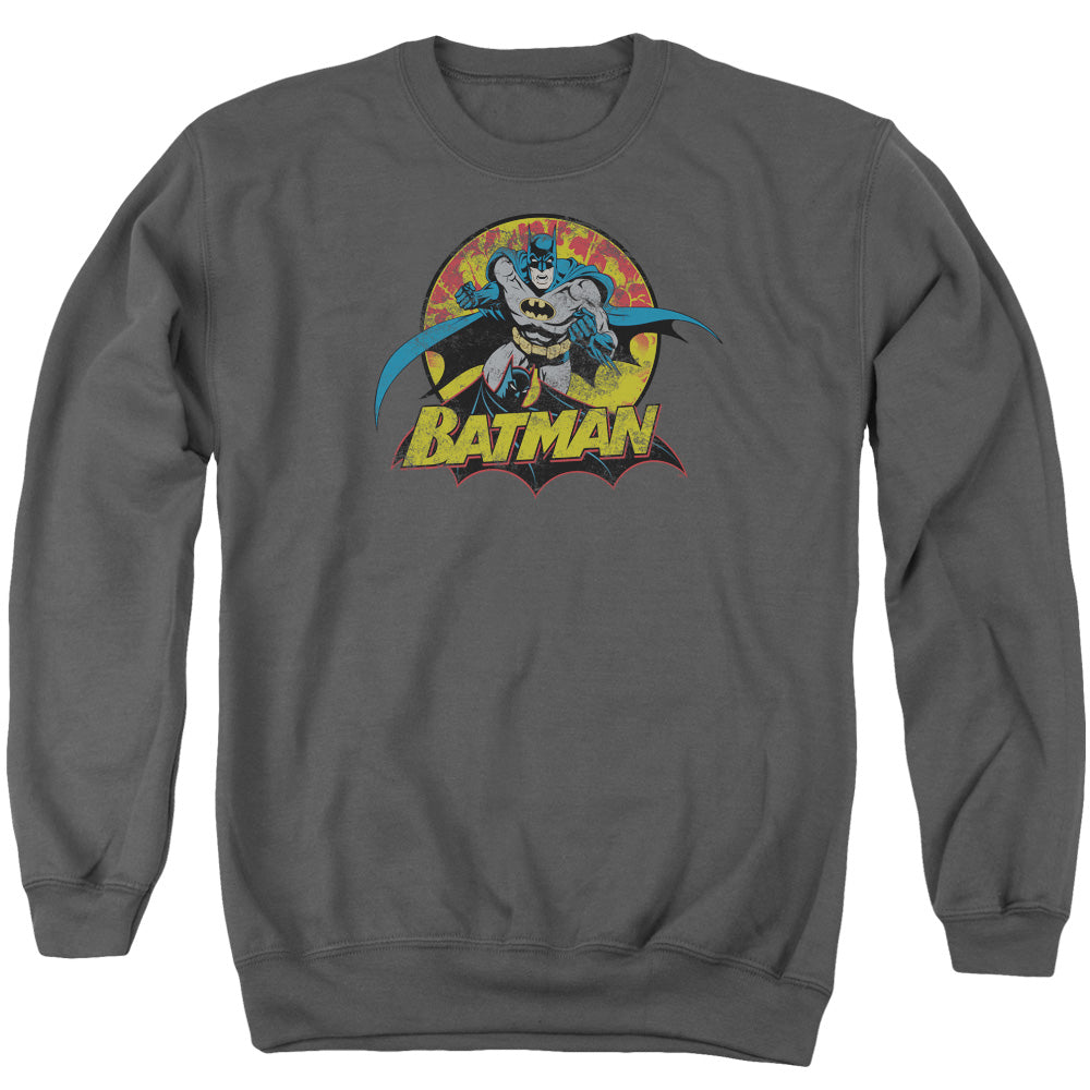 AN OFFCIALLY LICENSED JLA BATMAN ROUGH DISTRESS ADULT UNISEX CREWNECK SWEATSHIRT CHARCOAL