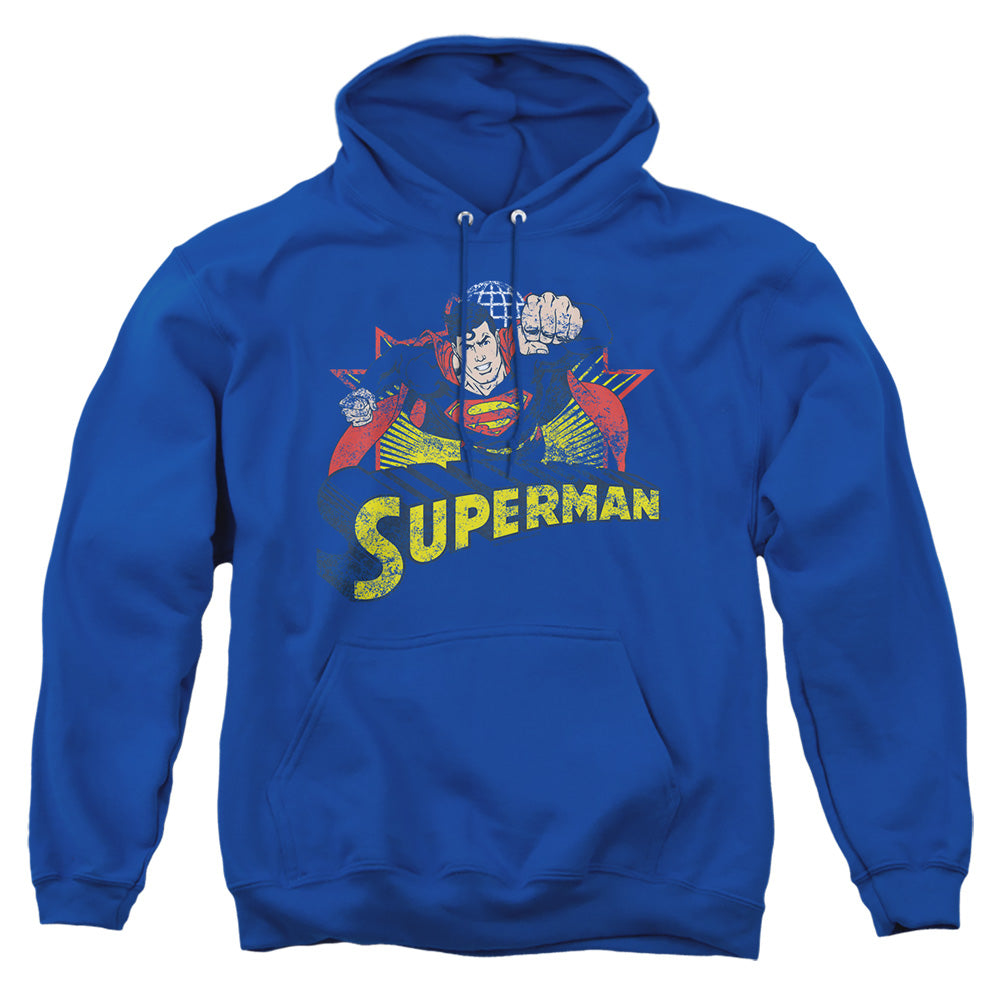 AN OFFCIALLY LICENSED JLA SUPERMAN ROUGH DISTRESS ADULT UNISEX PULLOVER HOODIE ROYAL
