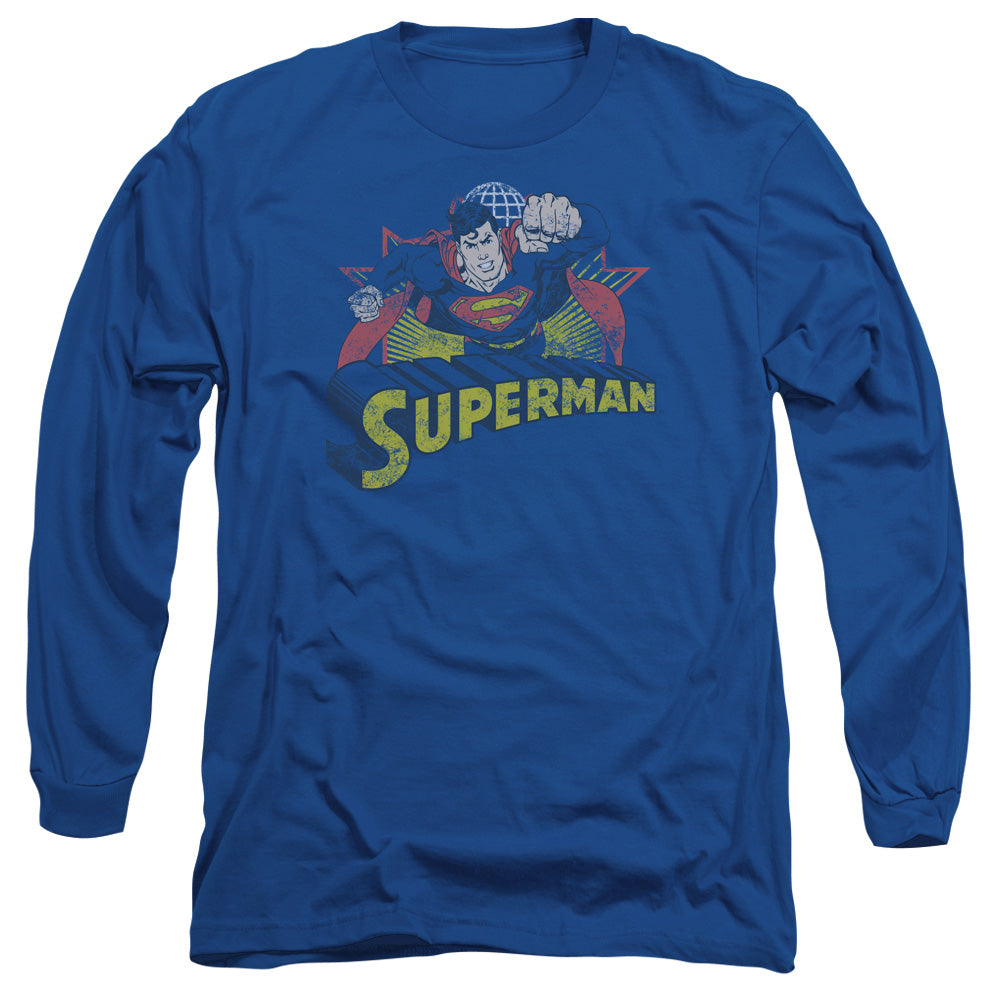 AN OFFCIALLY LICENSED JLA SUPERMAN ROUGH DISTRESS MEN'S LONG SLEEVE T-SHIRT ROYAL
