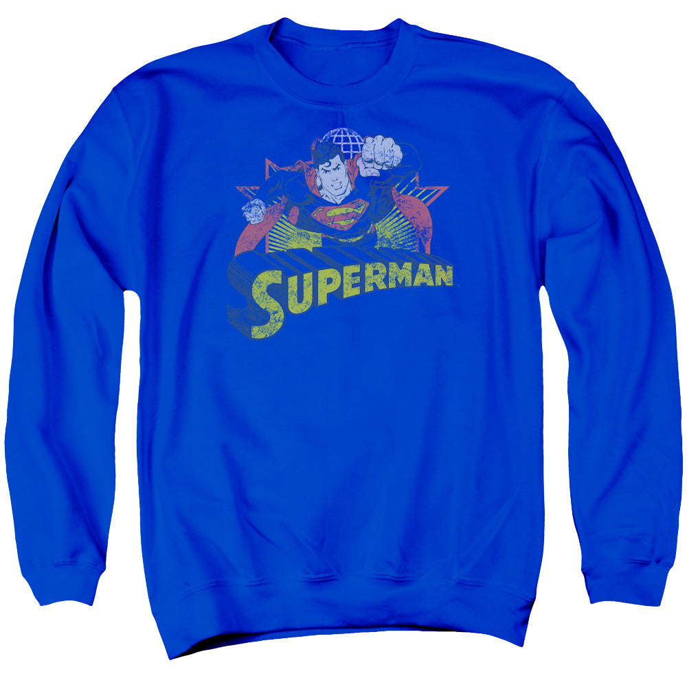 AN OFFCIALLY LICENSED JLA SUPERMAN ROUGH DISTRESS ADULT UNISEX CREWNECK SWEATSHIRT ROYAL