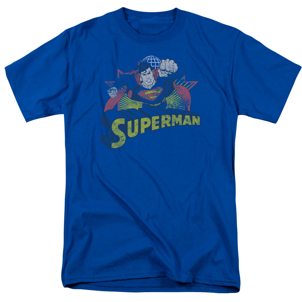 AN OFFCIALLY LICENSED JLA SUPERMAN ROUGH DISTRESS MEN'S REGULAR FIT T-SHIRT ROYAL