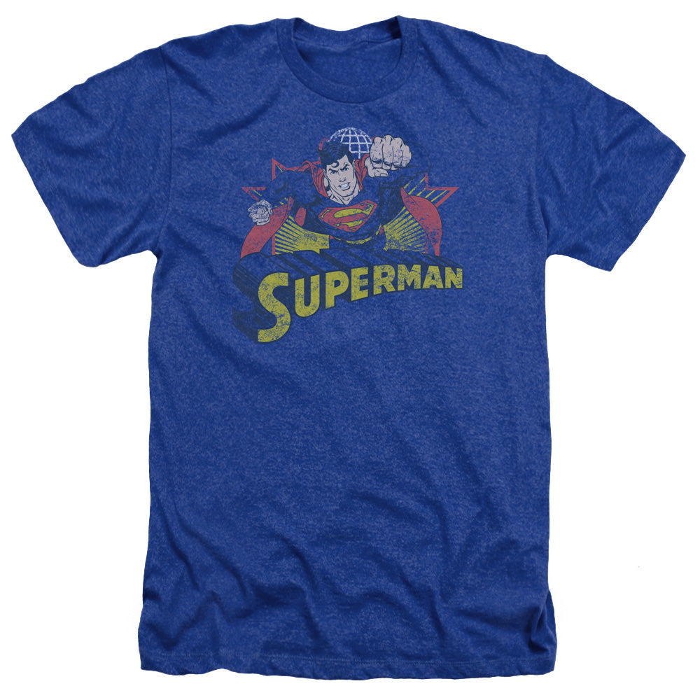 AN OFFCIALLY LICENSED JLA SUPERMAN ROUGH DISTRESS MEN'S HEATHER T-SHIRT ROYAL