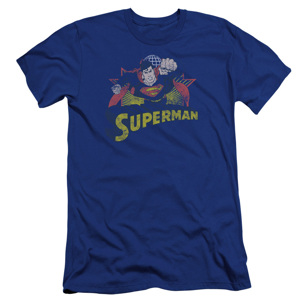 AN OFFCIALLY LICENSED JLA SUPERMAN ROUGH DISTRESS MEN'S PREMIUM SLIM FIT T-SHIRT ROYAL