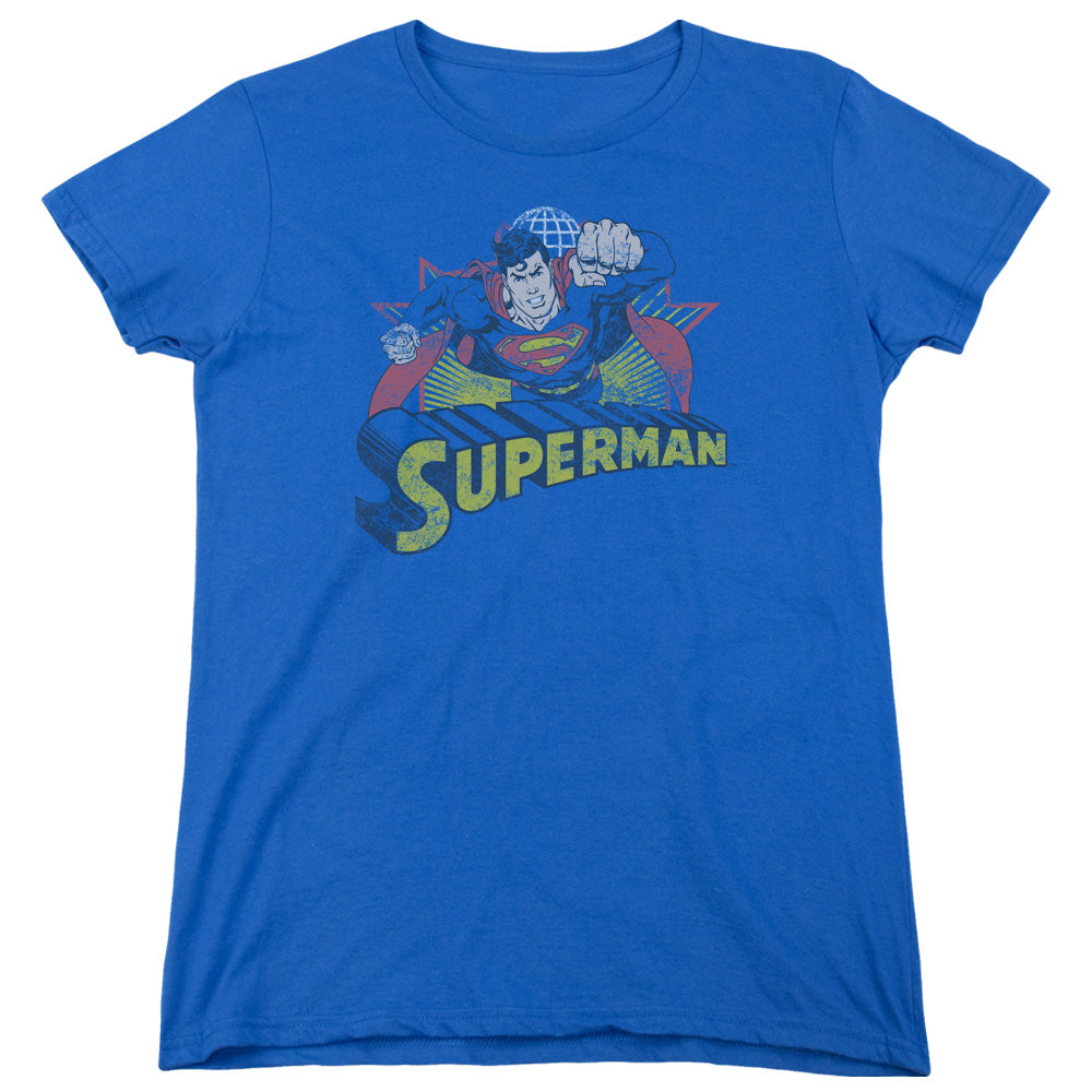 AN OFFCIALLY LICENSED JLA SUPERMAN ROUGH DISTRESS WOMEN'S REGULAR FIT T-SHIRT ROYAL