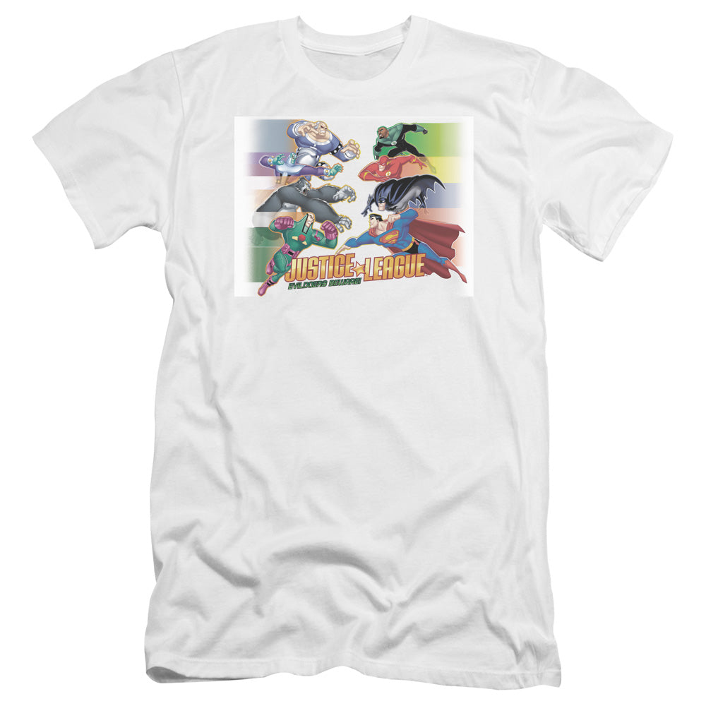 AN OFFCIALLY LICENSED JLA EVILDOERS BEWARE MEN'S PREMIUM SLIM FIT T-SHIRT WHITE
