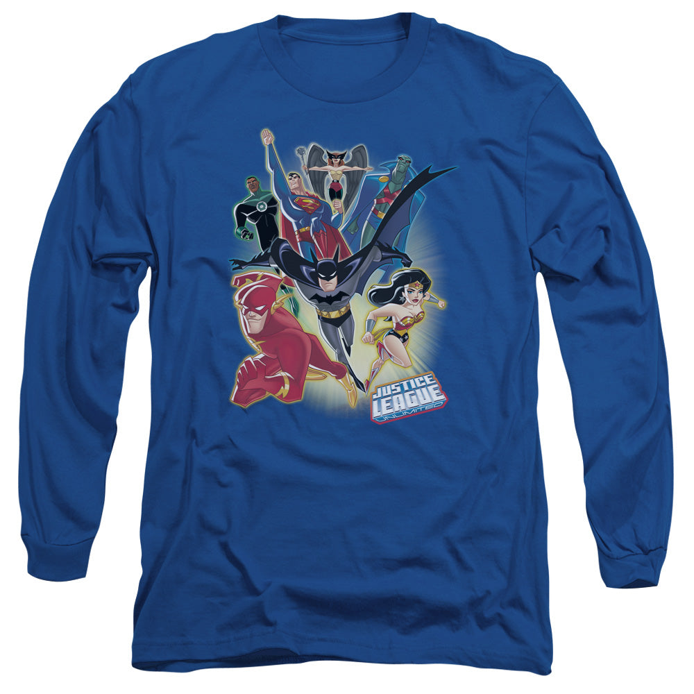AN OFFCIALLY LICENSED JLA UNLIMITED MEN'S LONG SLEEVE T-SHIRT ROYAL