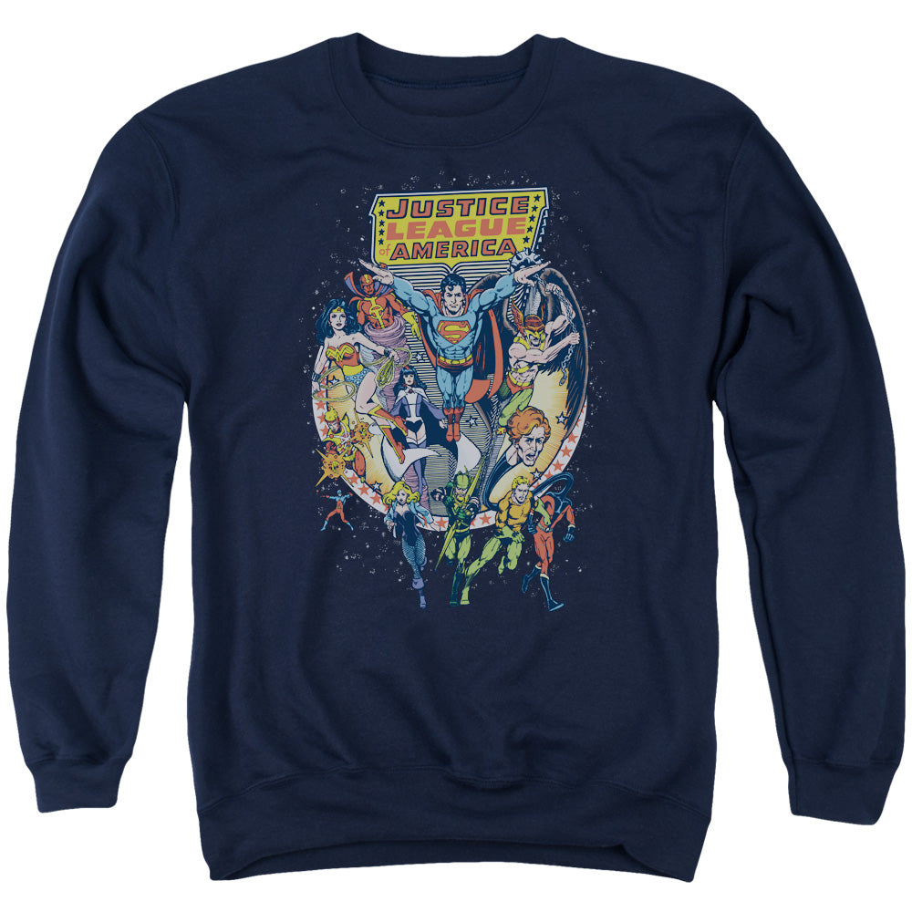 AN OFFCIALLY LICENSED JLA STAR GROUP ADULT UNISEX CREWNECK SWEATSHIRT NAVY