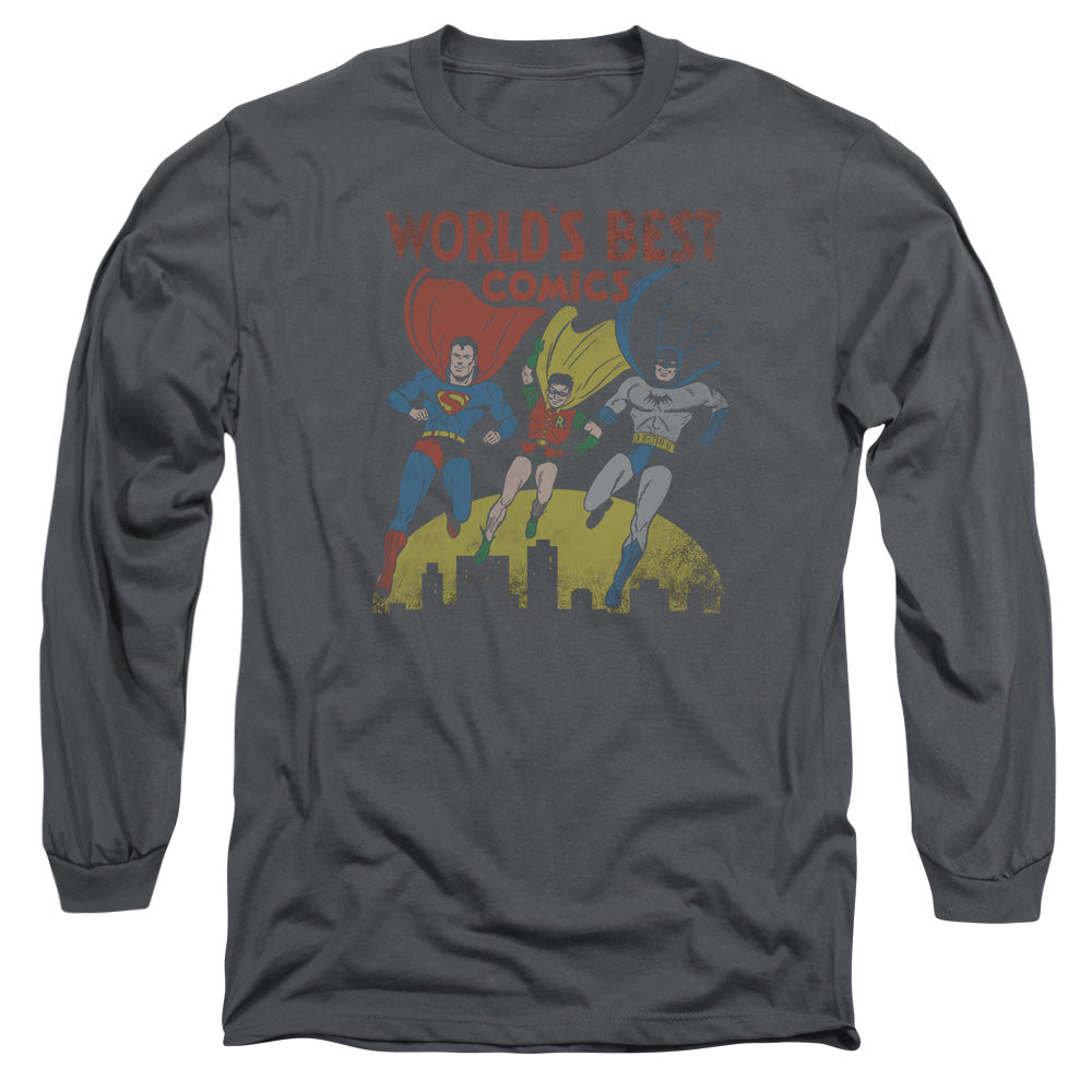 AN OFFCIALLY LICENSED JLA WORLDS BEST MEN'S LONG SLEEVE T-SHIRT CHARCOAL