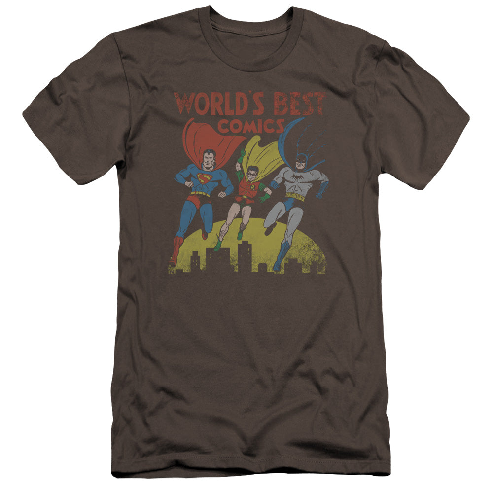 AN OFFCIALLY LICENSED JLA WORLDS BEST MEN'S PREMIUM SLIM FIT T-SHIRT CHARCOAL