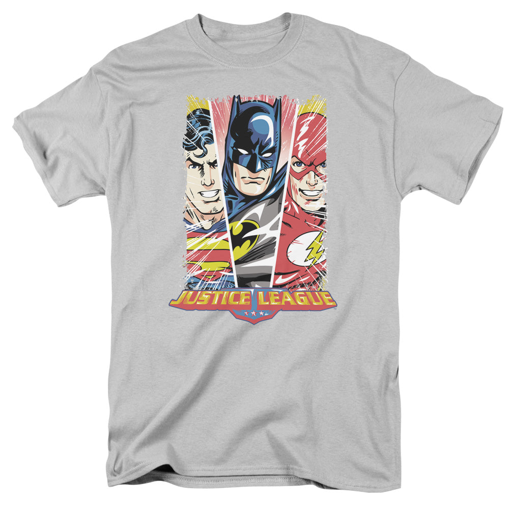 AN OFFCIALLY LICENSED JLA HERO TRIPTYCH MEN'S REGULAR FIT T-SHIRT SILVER