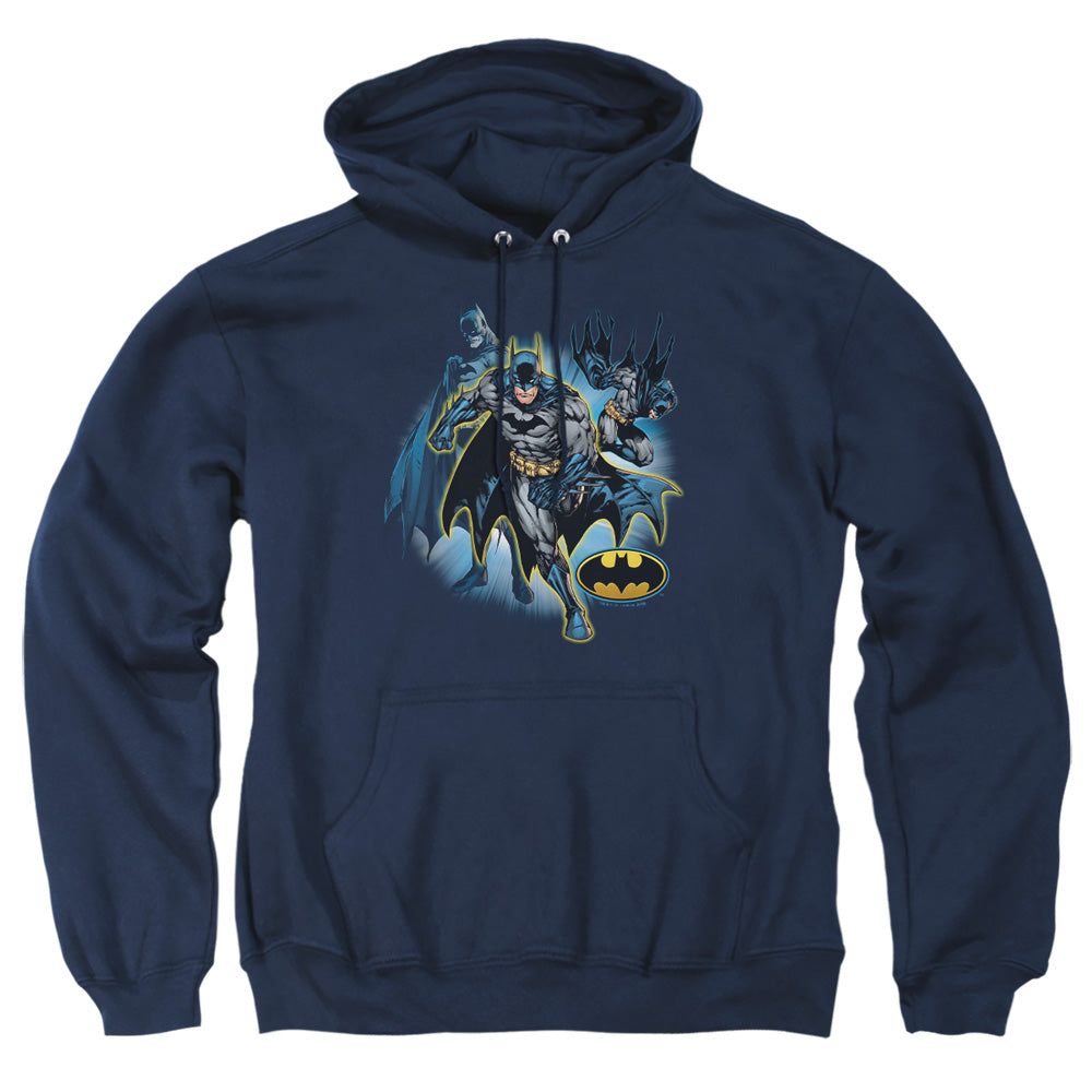 AN OFFCIALLY LICENSED JLA BATMAN COLLAGE ADULT UNISEX PULLOVER HOODIE NAVY