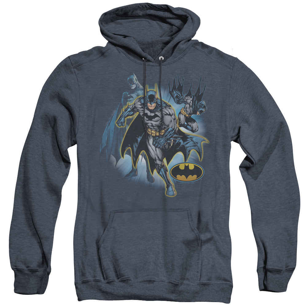 AN OFFCIALLY LICENSED JLA BATMAN COLLAGE ADULT UNISEX HEATHER PULLOVER HOODIE NAVY