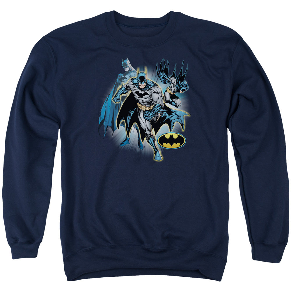 AN OFFCIALLY LICENSED JLA BATMAN COLLAGE ADULT UNISEX CREWNECK SWEATSHIRT NAVY