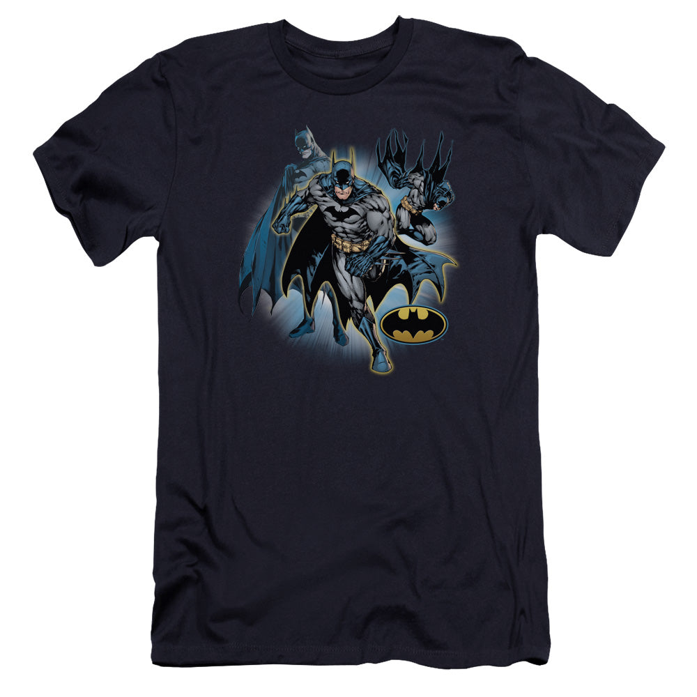 AN OFFCIALLY LICENSED JLA BATMAN COLLAGE MEN'S PREMIUM SLIM FIT T-SHIRT NAVY