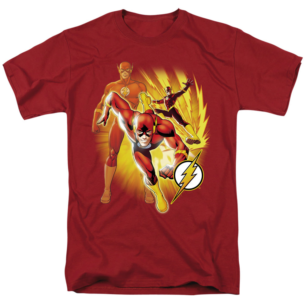AN OFFCIALLY LICENSED JLA FLASH COLLAGE MEN'S REGULAR FIT T-SHIRT CARDINAL
