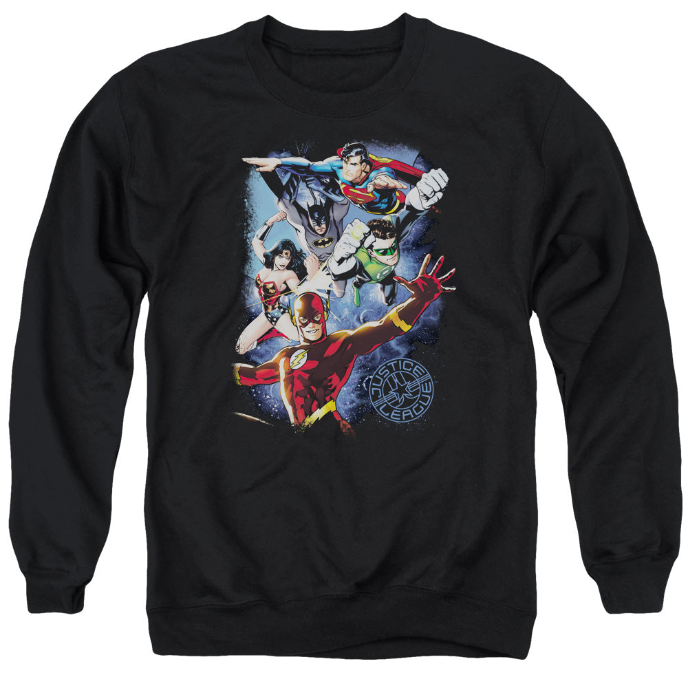 AN OFFCIALLY LICENSED JLA GALACTIC ATTACK COLOR ADULT UNISEX CREWNECK SWEATSHIRT BLACK